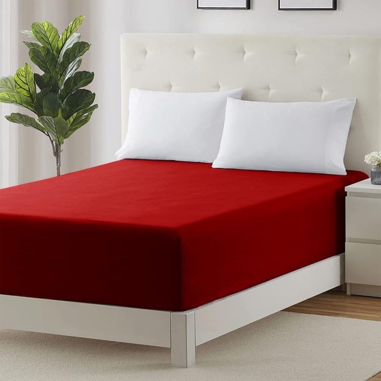 Prime Linens Extra Deep 30Cm Plain Fitted Sheet, Elastic Pocket Breathable Soft Polyester Cotton Bed sheet Machine Washable Fade Resistant (Red, King)