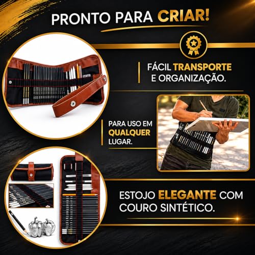 Kit Lápis de Desenho Profissional 29 Peças com Estojo Portátil, Lápis Artísticos, Borrachas, Estilete e Acessórios para Artistas e Estudantes Linha Super Premium 2H B HB 2B 3B 4B 5B 6B 7B 8B