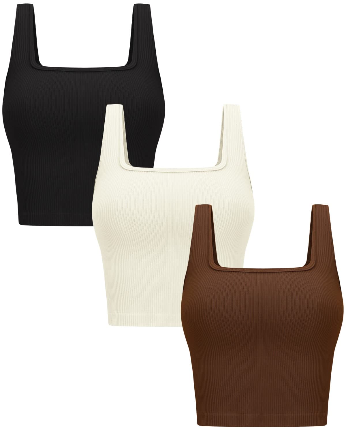 Photo 1 of OLCHEE Womens 3 Pack Crop Tank Tops Basic Seamless Ribbed Sleeveless Square Neck Workout Top Summer Exercise Yoga Gym Shirts - Black Brown Beige Small