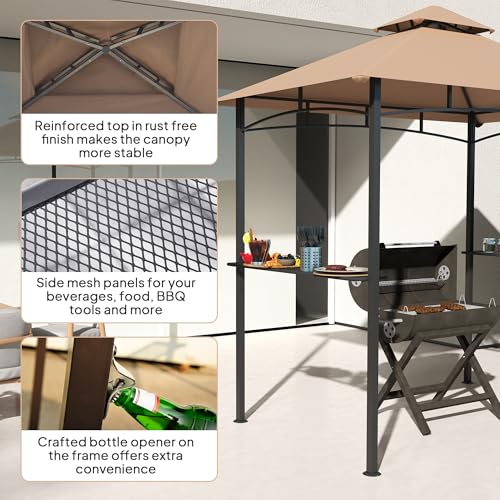 Outsunny 8' x 5' BBQ Grill Gazebo Tent with Double Tiered Canopy for Outdoor Sun Shade, Khaki