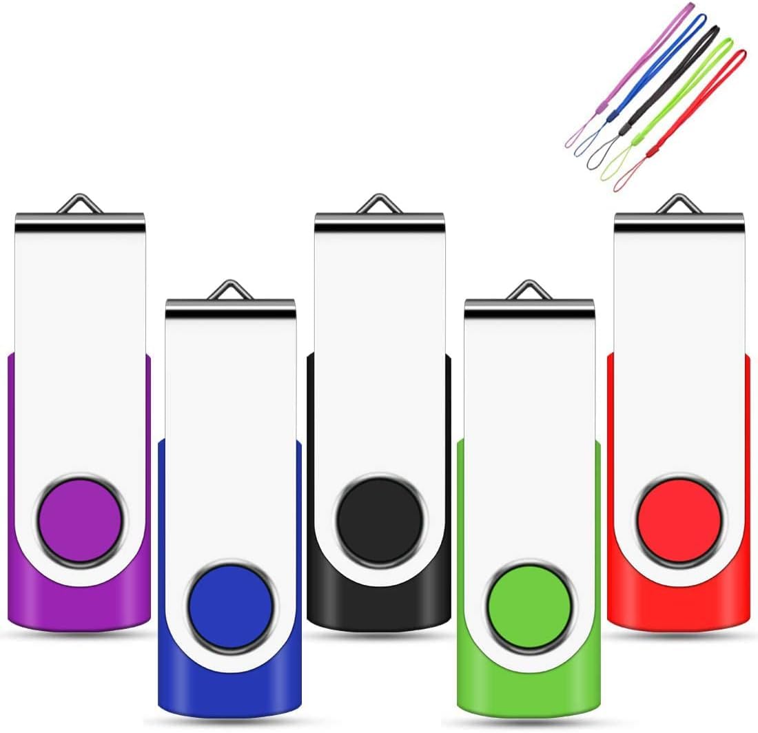 2GB USB Stick 5 Pack, EASTBULL Memory Sticks USB 2.0 Metal Flash Drive Swivel Design Fold Storage with 5 Color Lanyards