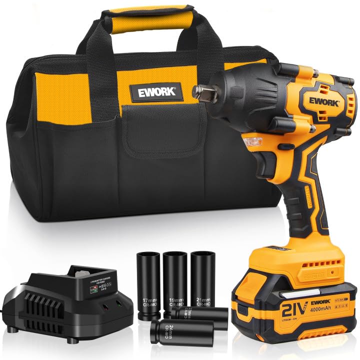 Photo 1 of EWORK 21V Brushless Cordless Impact Wrench 1/2 Inch - 775 Ft-lbs High Torque, 4.0Ah Battery & Fast Charger, Compact Power Tool for Automotive, Truck, SUV Heavy-Duty Jobs