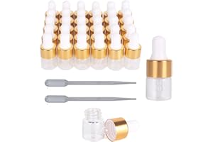 Hauioe 50 Clear Glass Dropper Bottles 1/3/5ML for Essential Oil, Perfume, Cosmetic - Golden With Lid, Measuring Pipette, Empty Tincture, Travel Liquid Container