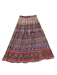 Mogul Womens Long Boho Ethnic Red Skirt Block Print Hippie Gypsy Crinkle Summer Skirt