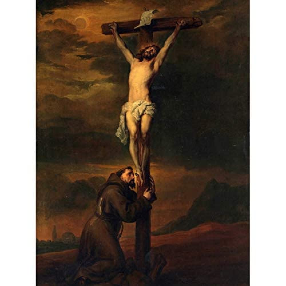 Artery8 Van Dyck St Francis Foot Of Cross Jesus Painting Art Print Canvas Premium Wall Decor Poster Mural