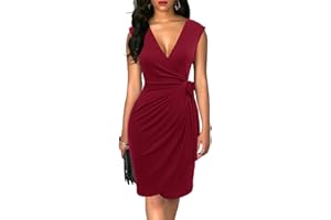 Berydress Women's Vintage V-Neck Sheath Casual Party Work Faux Black Wrap Dress