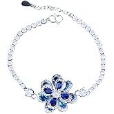 Izpack Blue CZ Camellia Flower Tennis Bracelet for Women Crystal Rhinestone Blossom Floral Adjustable Chain Bracelets Delicate Birthday Wedding Jewelry Gifts for Mother Bride