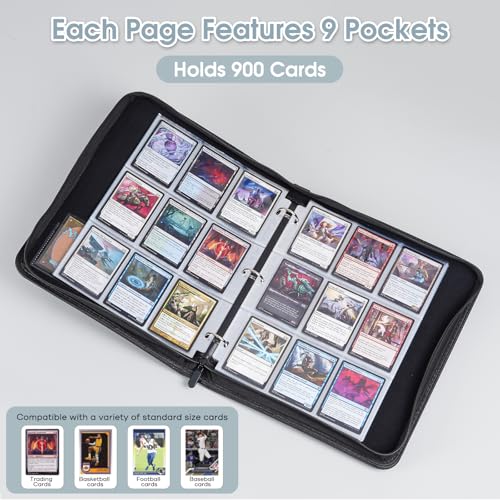 ProCase 900 Pockets Card Binder with Clear Window for Trading Cards, 9 Double Sided Pockets Cards Colletction Album Holder with Removable Sleeves for MTG, TCG, Sports Cards, Football Cards -Black