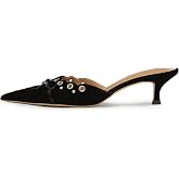 olomisa Womens Kitten Heels, Bow Studded Heeled Mules Pointed Toe Low Heel Sandals Suede Leather Slip on Kitten Heel Pumps