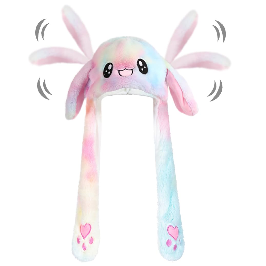 Naichuo Ear Moving Jumping Rabbit Hat Bunny Plush Cap, Halloween Easter Party Cosplay Holiday Hat for Women Men(Rainbow)