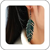 Erimberate Bohemian Feather Dangle Earrings Green Patina Leaf Drop Earrings Ethnic Feather Hook Earrings Tribal Metal Feather Leaf Earrings Jewelry for Women Gifts