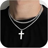 sailimue Cross Necklace for Men - Layered Cross Chain Stainless Steel Crucifix Pendant Gold Black Silver 16-24 Inch - Snake Rope Cuban Link - Gift Box Included
