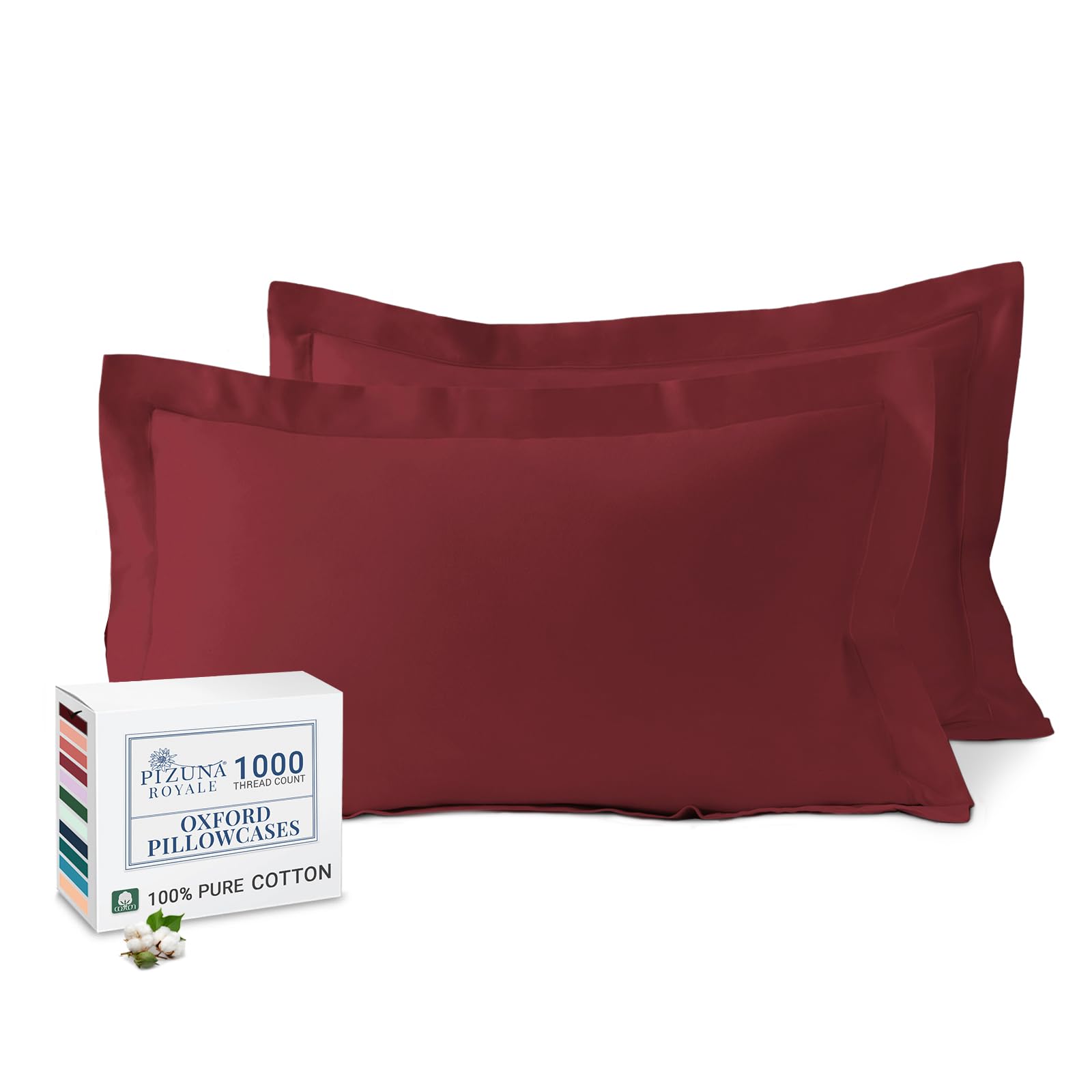 Pizuna Luxurious Cotton Pillow Cases 2 Pack Rio Red 50x75cm, 1000 Thread Count Long Staple Combed Cotton Thick Pillow Cover, Soft Sateen Oxford Pillow Cases (100% Cotton Pillowcase Pack of 2)