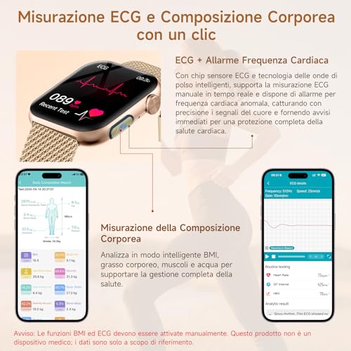2026 Smartwatch Donna con ECG/HRV/Acido Urico/Sonno/Temperatura Corporea/Cardiofrequenzimetro/BMI/SPO2/Lipidi,1,97"AMOLED 24H Pressione Sanguigna Orologio Fitness Elegante con Chiamate,Pulsante SOS