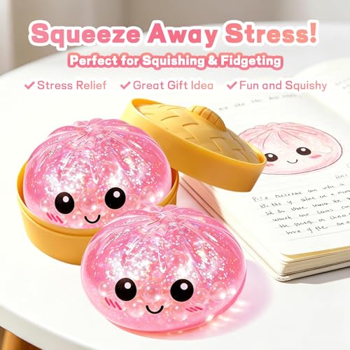 Last Page® Glitter Dumpling Squishy Box Real Squishy Dumplings Squishies Fidget Toys Adults & Teens Large Adults Anxiety Relief Squeeze Toy (Pink)