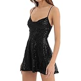 ROAONOCOMO Mardi Gras Women Sparkly Sequin Mini Dress Shiny Spaghetti Strap Glitter Short Dress Cocktail Party Dresses