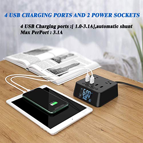 Alarm Clock Charger with 2 AC Outlets, ELMWAY 4 USB 2.4A Charging Station, Fast Charging Station with 6ft Power Cord Strip for Bedside Home Hotel Office (USB-SQ)