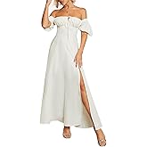 Women's Summer Puff Sleeve Floral Split Maxi Dress Flowy A Line Casual Beach Long Dresses 2025