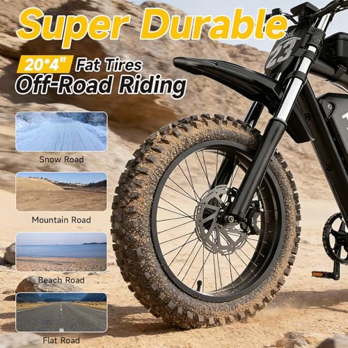 Electric Dirt Bike for Adults - 52V 40Ah Battery, 3000W Peak Ebike, Up to 40MPH, 100 Mile Range, 20x4 Fat Tires, Dual Suspension, Hydraulic Disc Brakes, NFC Start, Bluetooth APP, UL Certified