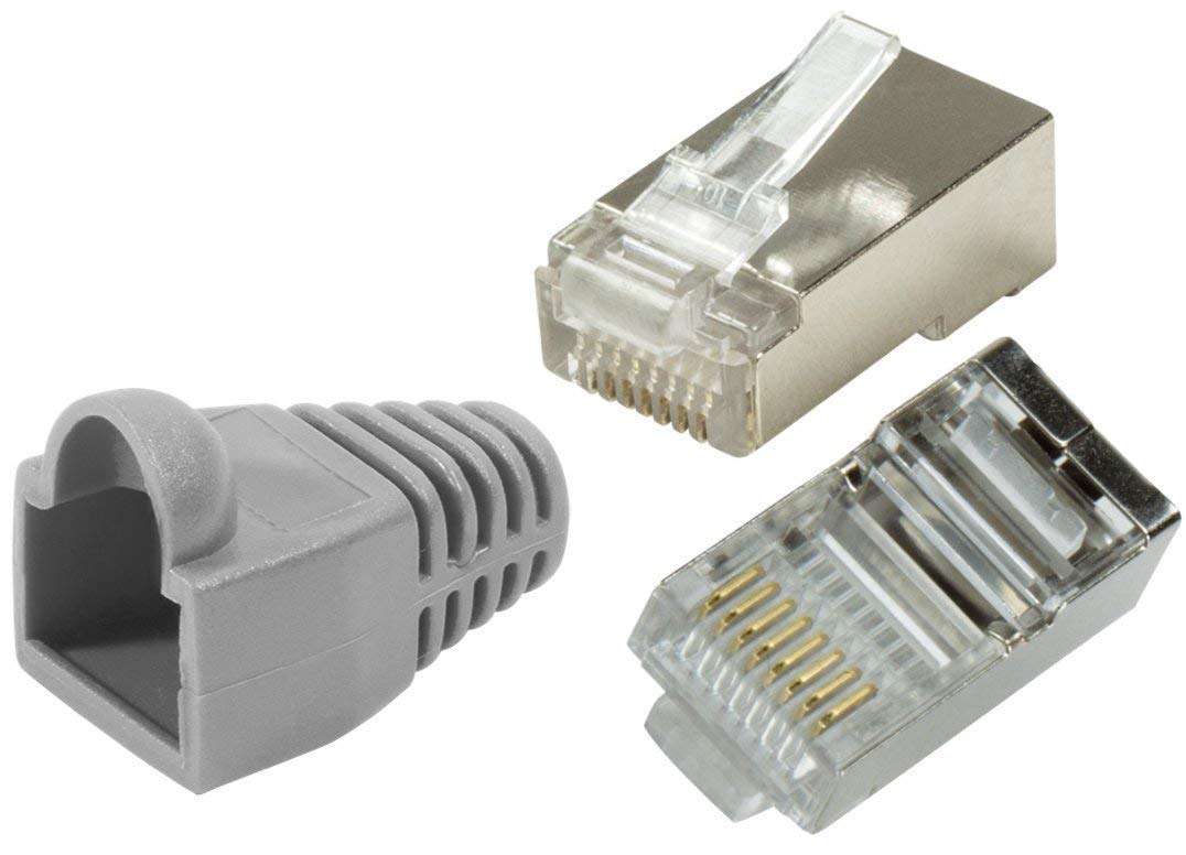 odedo Pack of 20 Crimp Connectors CAT6 / 5e Metal Shielded with Kink Protection Case, Crimp Connector Network Lan Cable Network Connector RJ45 Cat6 Cat5e Modular Plug Shielded Connector (Grey)