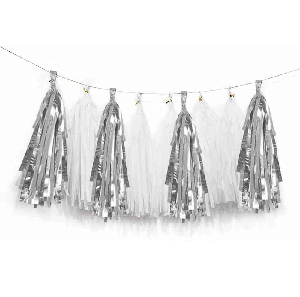 Photo 1 of AIM & GGKK White and Silver Tassel Garland Banner Tissue Paper Tassels for Party Suppiles Decorations,Wedding Decorations,Nursery Decor,Engagement,Football Party, DIY Kits(20PCS)
