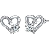 Hollow Heart Love Cubic Zirconia Sterling Silver Post Small Stud Earrings for Women Minimalist Dainty Imitation Diamond Hearts Statement Studs Fashion Trendy Jewelry for Girlfriend Bff