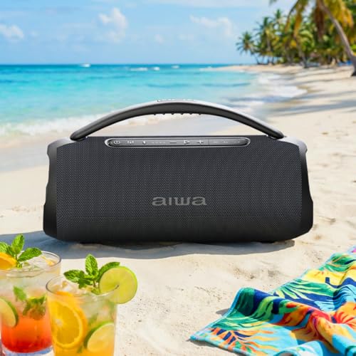 Aiwa AWQ680 Bocina Bluetooth Portátil de 30W RMS con Luces LED, Resistente al Agua IPX5, Función TWS, Bluetooth 5.3, USB hasta 32GB, Radio FM y Entrada AUX, Color Negro