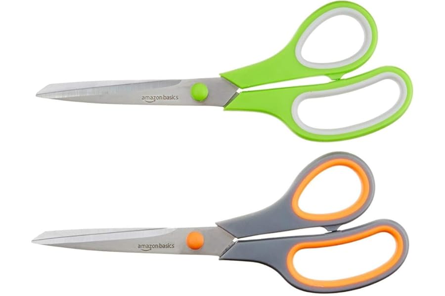 Amazon Basics Multipurpose Stainless Steel Scissors for Office, Crafts, Paper Cutting, Fabric Cutting, Right/Left Handed, Comfort Grip, PVD Coated, 2-Pack, Green and Grey