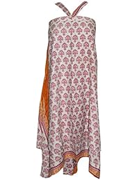 Women's Wrap Skirt Beige Printed PREMIUM Silk Sari Vintage Boho Beach Dress