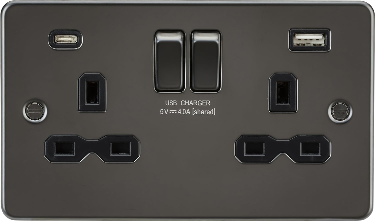 13A 2G SP Switched Socket with Dual USB A+C (5V DC 4.0A shared) - Gunmetal with Black Insert