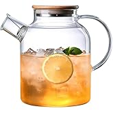 SHUWEICAO- Glass Teapot, Stovetop and Microwave Safe Glass Borosilicate Teapot, 60.8 oz Clear Glass Pitcherwith Natural Bamboo Lid and Removable Filter for Making Flower Tea and Juice