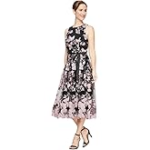 Alex Evenings Womens Sleeveless Midi Dress with Elegant Embroidery, Full Skirt and Tie Belt (Petite and Regular Sizes)