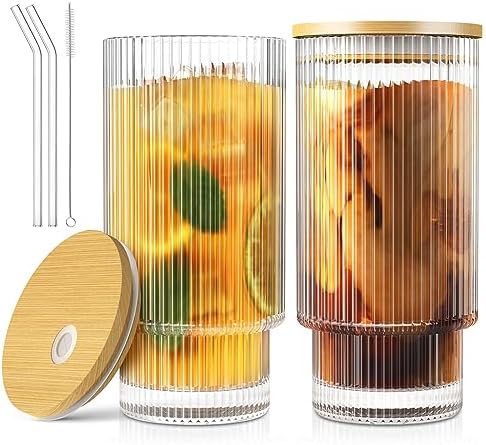 Drinking Glasses with Bamboo Lids and Glass Straw 4pcs Set - 16oz Glass Cups, Iced Coffee Glasses, Cute iced Tea Glasses, Beer Glasses, Ideal for Coffee Bar Accessories, Aesthetic Gift - 2 Brushes