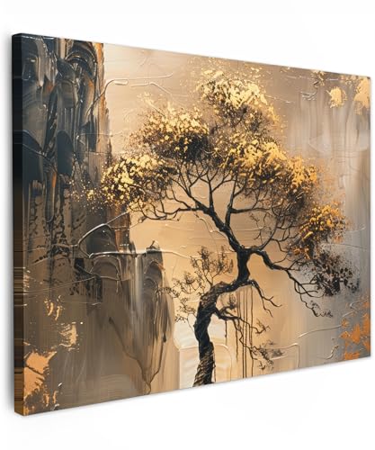 MuchoWow© Leinwand 80x60 cm Deko Schlafzimmer Aesthetic Leinwandbilder Wohnzimmer Gemälde Foto Geschenk Living Room Decoration Kunst - Baum - Gold - M
