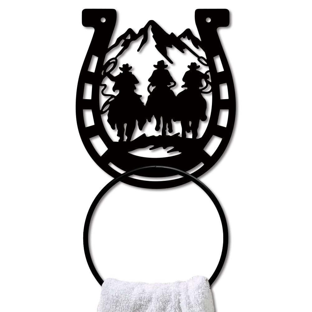 MAYJOYDIY Horseshoe Metal Towel Ring, Black Wall Mounted, 16 x 18 cm, Western Cowboy Design for Kitchen Bathroom Bedroom Home Decoration