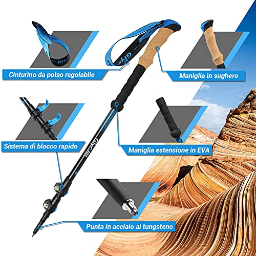 Glymnis Trekking Poles 3 Sections Adjustable Length 65-135 cm Aluminium 7075 with Quick Lock System and Cork Handle for Hiking Blue