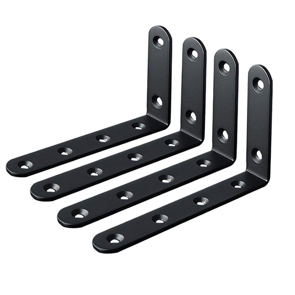 ASelected L Right Angle Bracket | 4 Pieces 125 x 75 mm Black Corner Shelf Brackets with 24 Pcs Screws and 8 Pcs Anchors