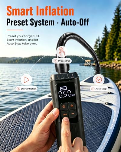 Mini Paddle Board Pump, Portable SUP Air Pump with Battery, Lightweight Electric Inflator 12 PSI Automatic Shut-Off, USB-C Rechargeable for Paddle Boards, Kayak, Pool Floats