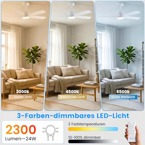 AUTODAY Ceiling Fan with Light, Dimmable LED 24W, Quiet DC Motor 32W, 106cm, Two-tone Plywood Blades, Remote Control with Memory Function, 6 Speed Levels, White