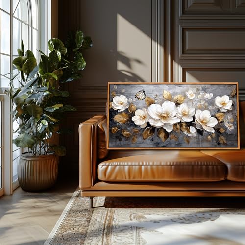 hyidecorart Modern Bedroom Decoration Pictures with Wooden Frame, 60 x 120 cm XXL Large Decorative Canvases Wall Living Room, Pictures Wall Decoration Golden Flowers, Wall Art Dining Room Bathroom Hallway