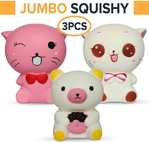 3 PCS Jumbo Squishies Pack โ Super Cute Kawaii, Slow Rising, Animal Squishy Toys Set (2 Kittys Plus Bear) Fun for Kids, Teens & Adults.