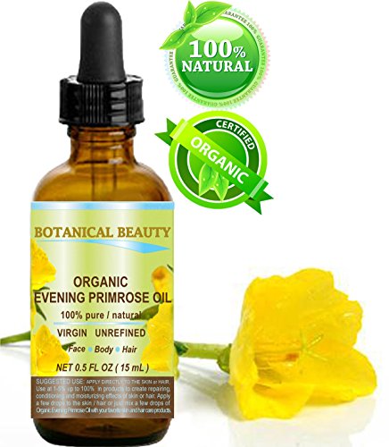 ORGANIC EVENING PRIMROSE OIL. 100% Pure / Natural / Undiluted / Unrefined /Certified Organic/ Cold Pressed Carrier Oil. Rich antioxidant to rejuvenate and moisturize the skin and hair. 0.5 Fl.oz.- 15 ml. by Botanical Beauty