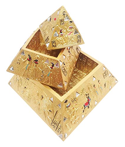 EGYPTIAN GOLDEN MIRROR GODS DEITIES PYRAMID JEWELRY STACKER BOX FIGURINE STATUE