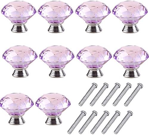 10pcs 40mm Glass Clear Cabinet Knob Drawer Pull Handle Kitchen Door Wardrobe Hardware Used for Cabinet, Drawer, Chest, Bin, Dresser, Cupboard, Etc (Purple)
