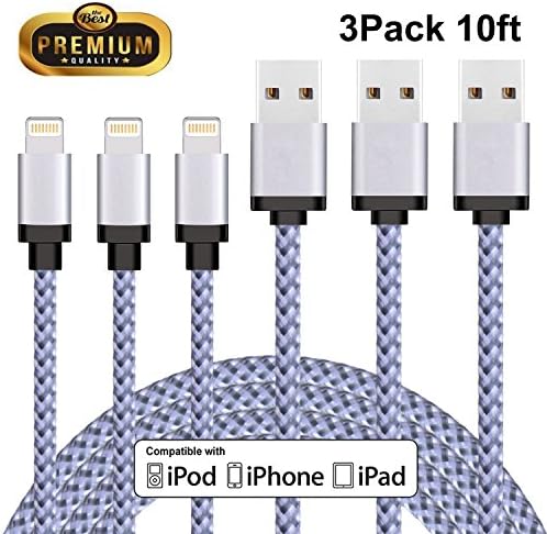 Lightning Cable, Everdigi iPhone Charger 3 Pack 10ft/3m Extra Long Nylon Braided Charging Cord for iPhone X/8/7/7 Plus/6/6s/6 Plus/6s Plus/5c/5s/5, and iPad (White)
