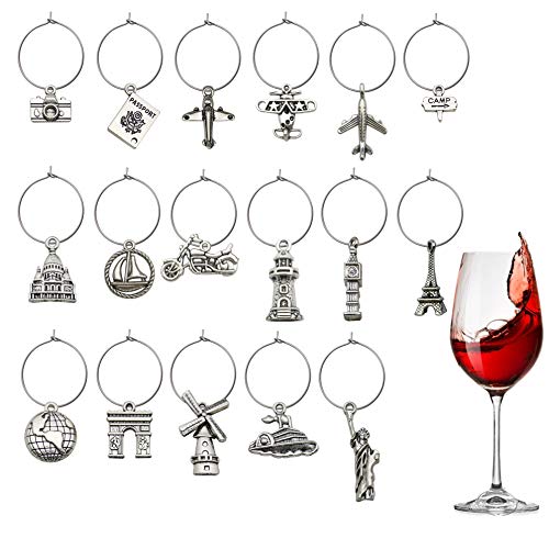 WOCRAFT 50 Sets Craft Supplies Travel Themed Wine Glass Charms Markers Wine Tasting Party Decoration Supplies Gift with 25mm Strong Stainless Steel Wine Glass Charm Rings (M353) - Thumbnail 6