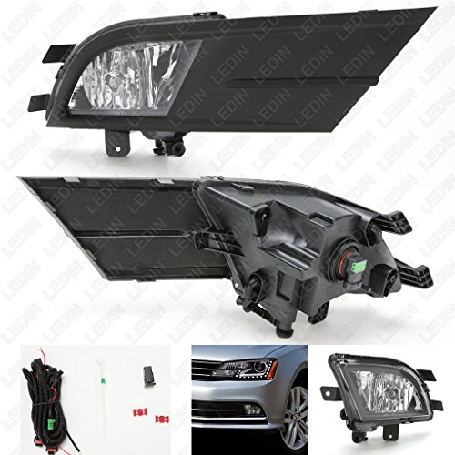 LEDIN for 2015 2016 Volkswagen Jetta Clear Lens Fog Lights Set with Wire Harness + Bezel + Switch + Bulbs