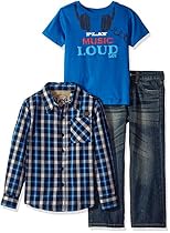 Lee Little Boys' 3 Piece Button Down Shirt, Graphic Tee, Jean Set, Music Beckett Wash, Small