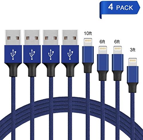 iPhone Charger, HWTONG Lightning Cable 4Pack 3FT 6FT 6FT 10FT Nylon Braided Cord iPhone Cable USB Cord Charging Charger for Apple iPhone 8,X,7, 7 Plus, 6, 6s, 6 Plus, 5, 5c, 5s, SE, iPad, iPod [Blue]