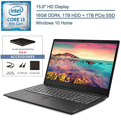 2020 Lenovo IdeaPad S145 15.6″ Laptop Computer, 8th Gen i3-8145U Beat i5-7200U, 16GB RAM, 1TB HDD+1TB PCIe SSD, 802.11AC WiFi, Bluetooth 4.2, Windows 10 Home, EST External DVD+ Accessories